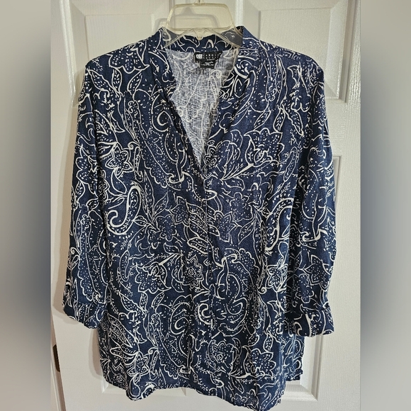 Carole Little Woman 1X Navy White Floral Paisley 100% Linen Button Blouse Coast - Picture 2 of 6